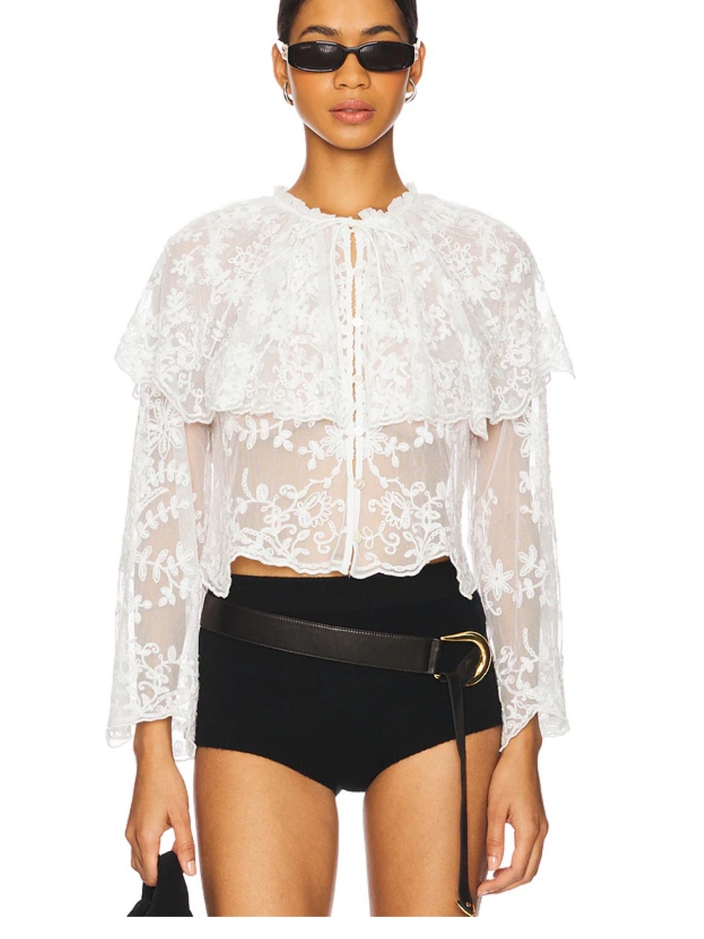 Revolve: White Sheer Lace Capelet Blouse - Women